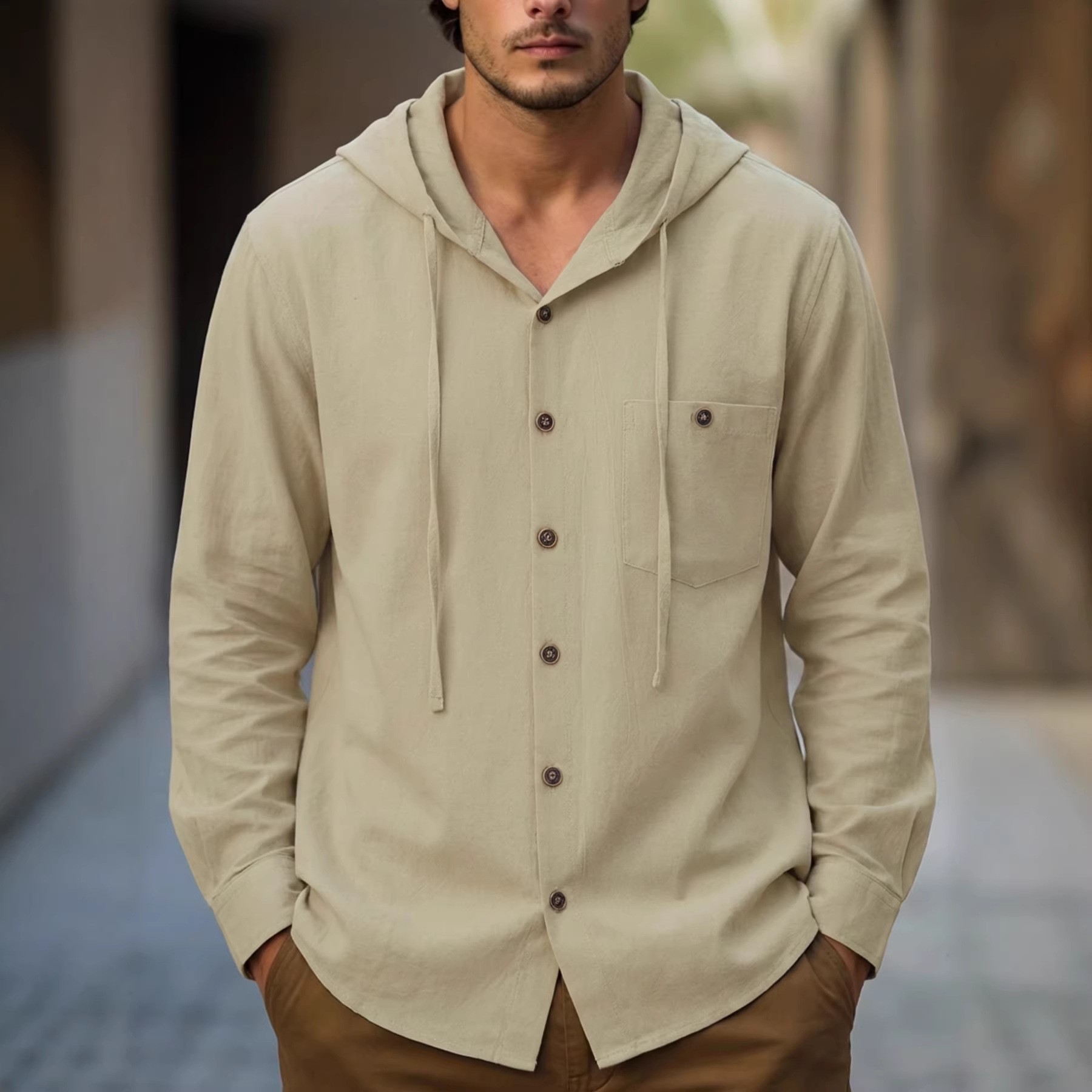 Polo a maniche lunghe con cappuccio da uomo con tasca casual mare_voghion.com