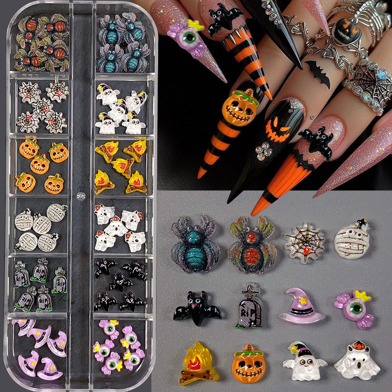 12 Grids Halloween Cartoon Resin Nail Art Decoration Ghost Spider Little Devil Cute Funny Nail Jewelry Accessories