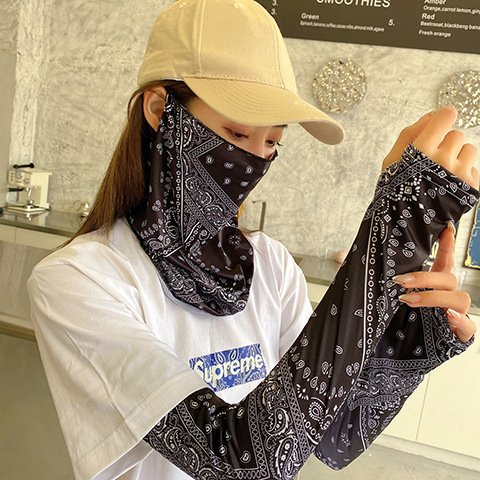 Summer Sunscreen Cashew Flower Ice Silk Breathable Ice Sleeve Veil Two-piece Set Full Face Neck Protection Women's Mask Ear Hanging Women Summer Sunscreen Cashew Flower Ice Silk Breathable Ice Sleeve Veil Two-piece Set Full Face Neck Protection Women's Mask Ear Hanging Women