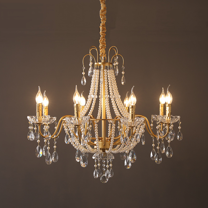 French crystal pearl chandelier for American-style antique villa living room dining room bedroom duplex hotel new restaurant lighting