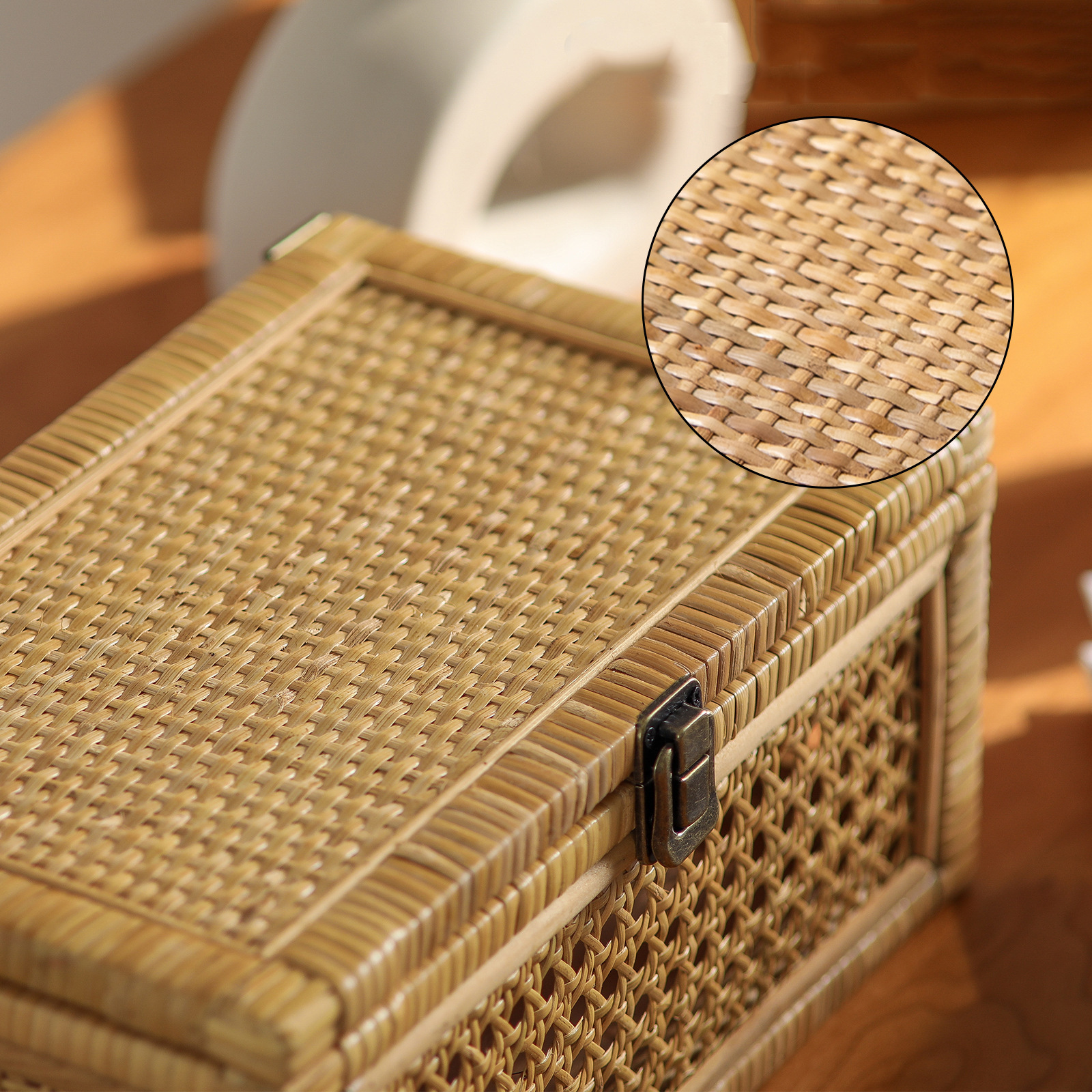 Cesta de almacenamiento de ratán de venta caliente transfronteriza, caja de almacenamiento tejida a mano con tapa, libros de juguete, canasta de almacenamiento de escritorio