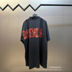 高バージョンB家パリ25ssバック赤い美紋紙半袖OS磨かれたゆるい欧米の男女tシャツ