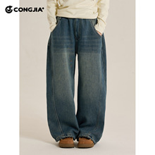 女童加绒拼接牛仔裤2025冬装新款儿童设计感阔腿裤中大童保暖裤子