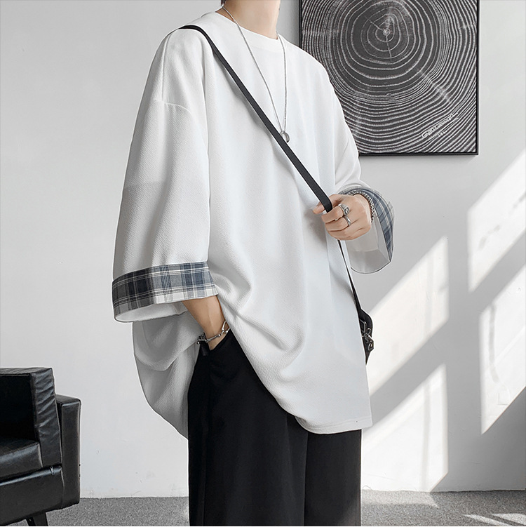 Trendy Brand 7-Sleeve T-Shirt Men's Summer Plaid Stitching Design Sense Small Nearline Short-Sleeve Trendy All-Match 7-Sleeve T-Shirt