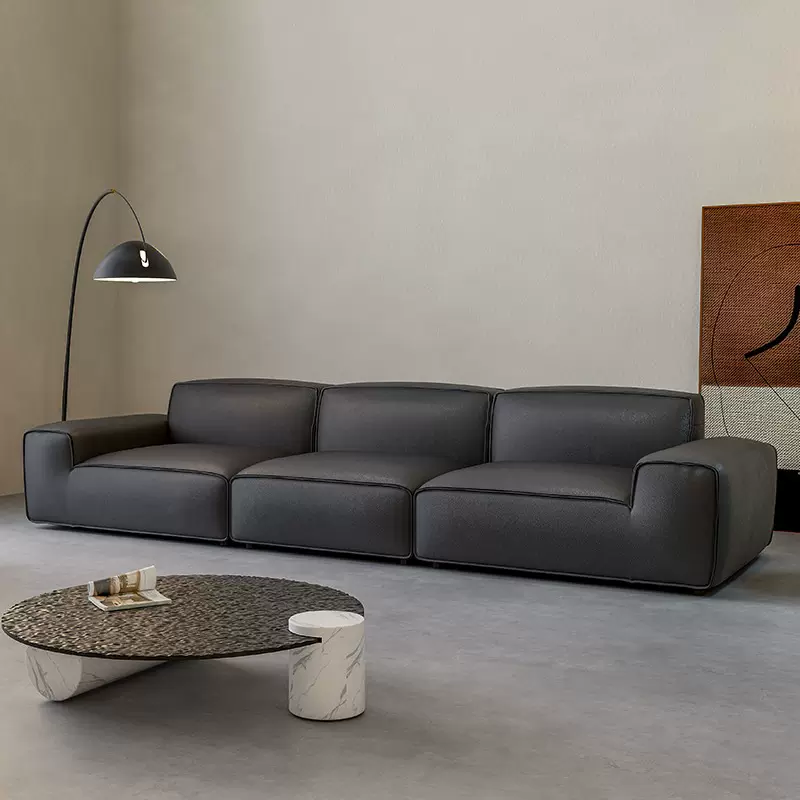 极简设计师款大黑牛沙发客厅简约黑色直排真皮沙发佛山沙发家具