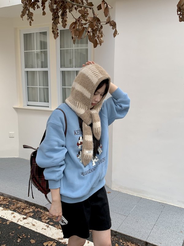 赵露丝同款可爱兔耳朵条纹针织拉法帽子女秋冬保暖护耳围巾一体帽|undefined