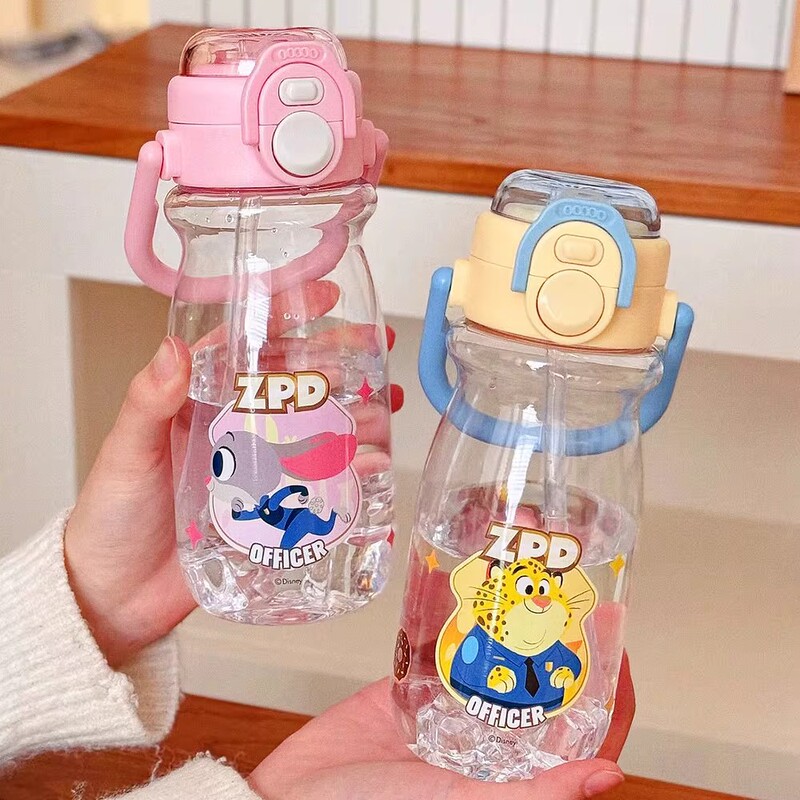 Zootopia Water Cup Judy Nick Portable Double Drinking Straw Cup, Drop-Resistant Portable Children's Plastic Cup