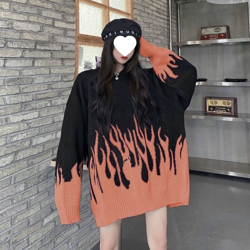 Plus-size women's autumn and winter thick knitted sweater, large size women's Korean-style flame color-blocking student casual coat