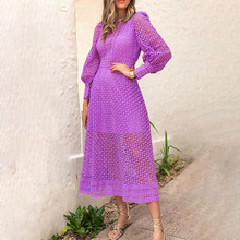 外贸重工刺绣镂空长裙2025秋冬新款圆领灯笼袖收腰显瘦连衣裙女潮