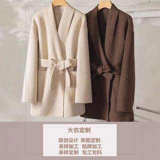 羊毛大衣女季新款双面呢浴袍收腰骆驼绒小个子外套中长款