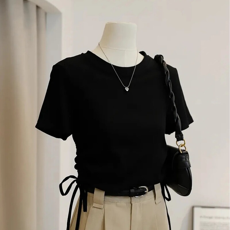 American Style Shoulder Slim-fit Base Short-sleeved T-shirt Women's Summer Hot Girl Design Sense Niche Inner Drawstring Round Neck Top