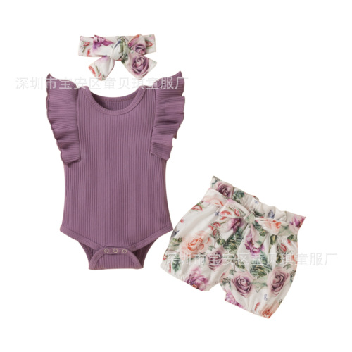 Amazon New Summer Infant and Toddler Clothing Lace Sleeveless Bib Waistband Shorts Headband Children's Clothing Set