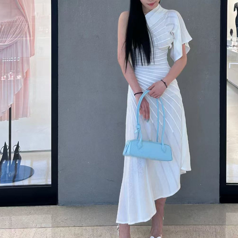 Summer New Women's Clothing with Off-Shoulder Bell Sleeves, Three-Dimensional Twill, Irregular Waist, Slimming, Pure White Knitted Dress