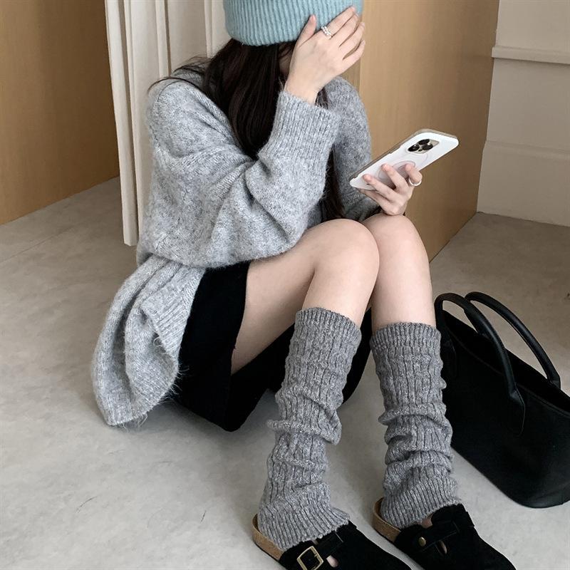 韩版秋冬粗针羊毛针织麻花奶白色袜套时尚保暖烟灰色踩脚堆堆腿套|undefined