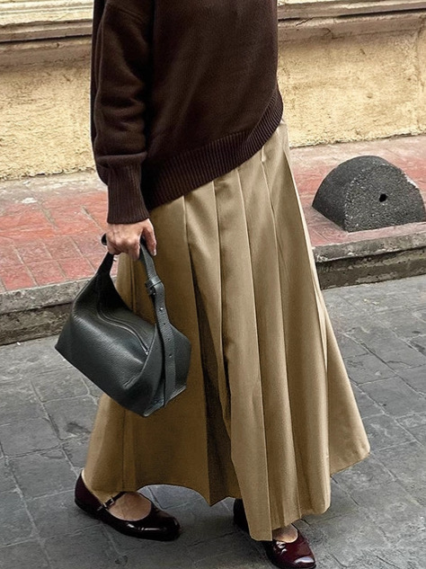 通勤时尚高腰半身裙女2025秋季学院风卡其色A摆百褶裙中长款裙子|undefined