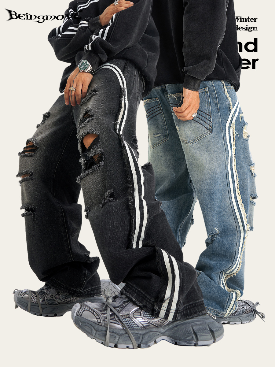 2025 cuatro estaciones de estilo americano marca de moda retro tendencia de alta calle hacer viejos pantalones jeans agujeros sueltos de piernas anchas de deslizamiento