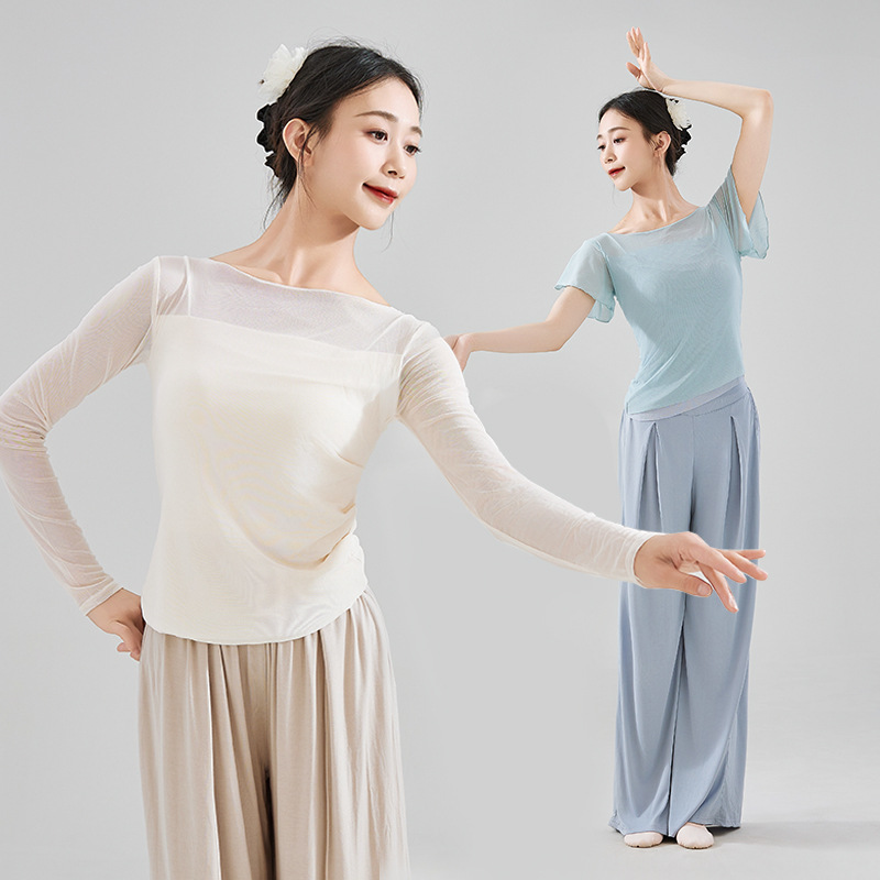 Dance Clothing for Adults, Women's Elegant and Slim Chinese Classical Mesh Splicing Short-Sleeved Gauze Suit Practice Clothing Top