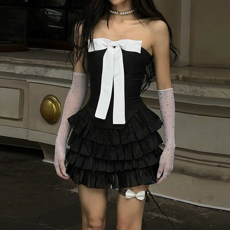 Сексуальное платье с бантом контрастного цвета, милое и пикантное платье с талией для девочек, платье в стиле принцессы для дочери