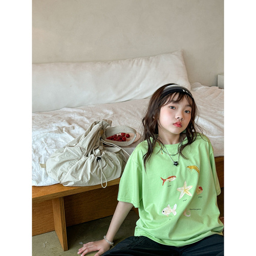 Summer Girls' Short-Sleeve T-Shirts: Mid-to-Large Kids' Wear, Cartoon-Printed, Loose-Fit, Korean-Style Trendy & Versatile, Perfect for a Chic Look