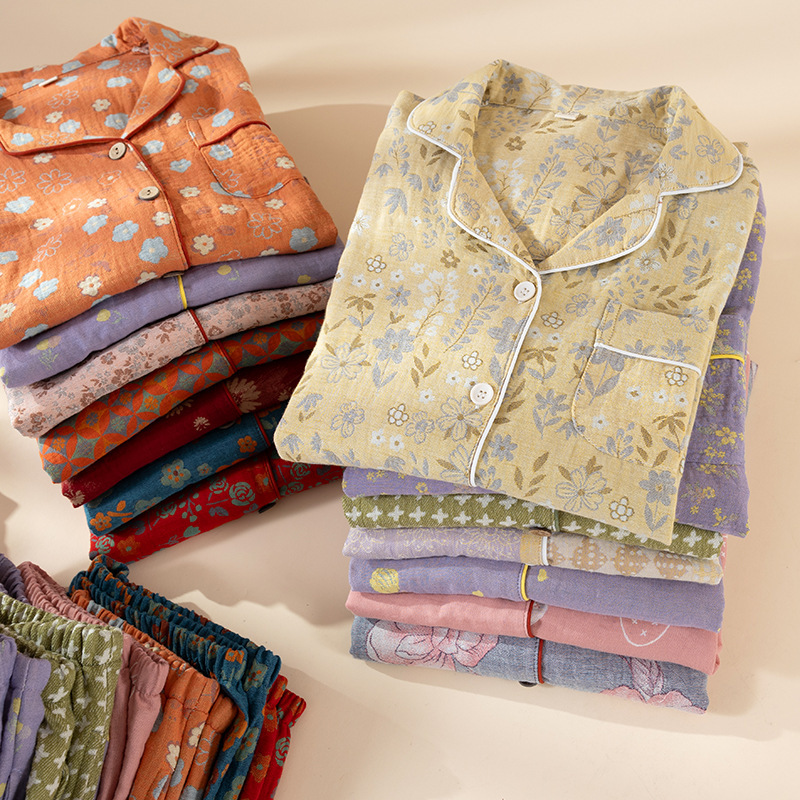 Pocket Style All-Cotton Jacquard Double-Layer Yarn Women's Lapel Loungewear Long-Sleeve Long-Pants Set Breathable Loose Fit