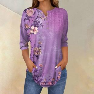 2025 Amazon's Hottest Women's T-Shirt V Neck Four-Button Printed Short-Sleeved European and American Women's Tops Source Factory