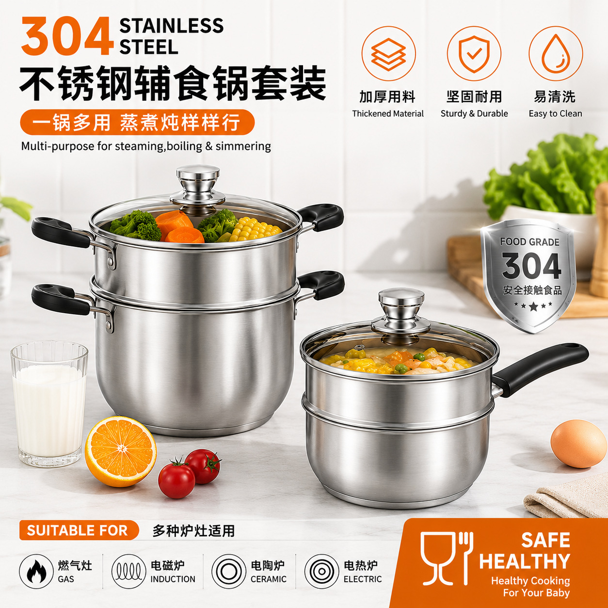 304 Stainless Steel Baby Food Pot, Household Soup Pot, Milk Pot,...