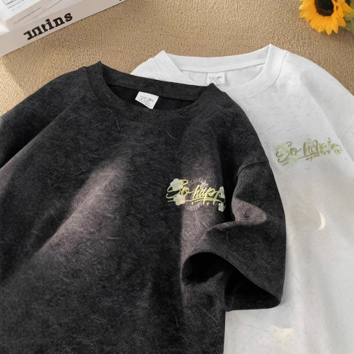 240G Heavyweight Sand-washed Ice Silk Loose Round Neck Short-sleeve T-shirt for Men, Summer Trend Brand Embroidered Ice Silk Half-sleeve T-shirt