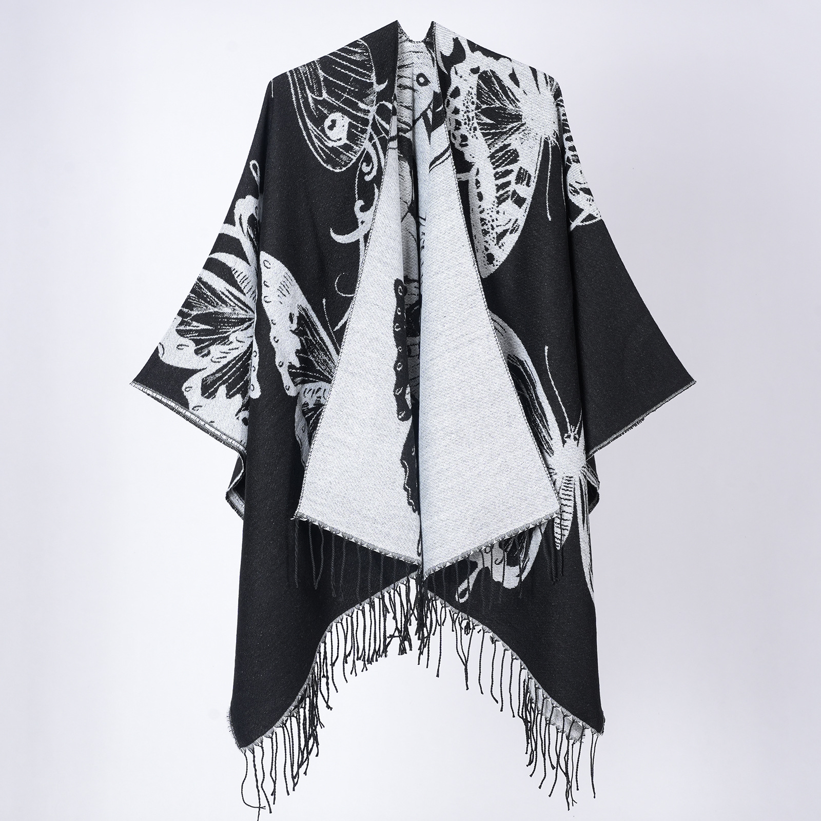 Bufanda chal grande con estampado de mariposa y flecos invierno_voghion.com
