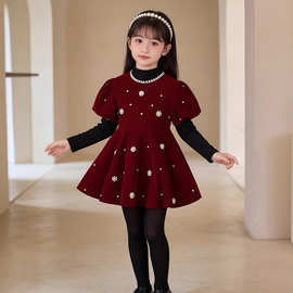 MDD童装春秋女童公主裙连衣裙秋冬装珍珠红色礼服儿童表演服童裙