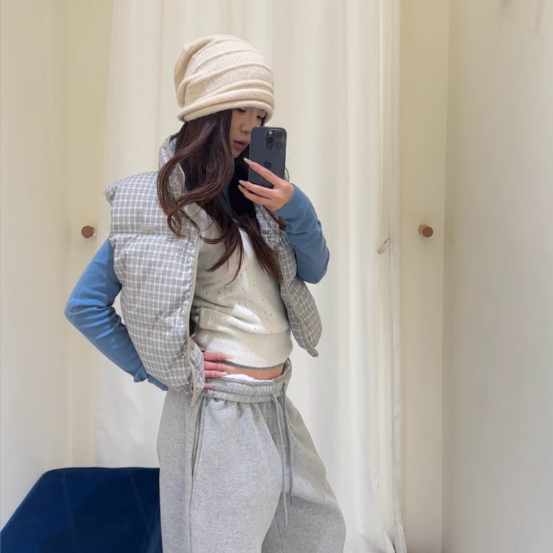 In Stock 2025 Winter New Qd Grove Versatile Plaid Duck down Vest Jacket Plaid Coat Top