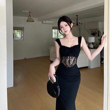 黑色法式蕾丝鱼骨拼接高级感包臀裙修身显瘦气质礼服无袖吊带裙女