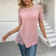 Women's Fashion Elegant Casual T-Shirt Knitted Solid Color Semi-transparent Embroidered Lace Solid Color Round Neck Short Sleeve Women's Top