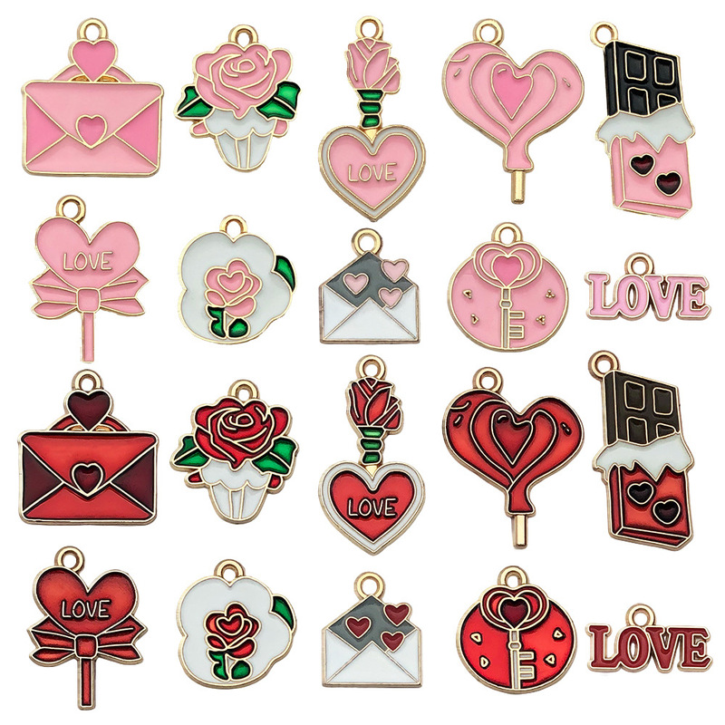 Mix 20 pink Valentine's Day Love Keychain Pendant DIY Bracelet Necklace Pendant Cross Border Jewelry Accessories