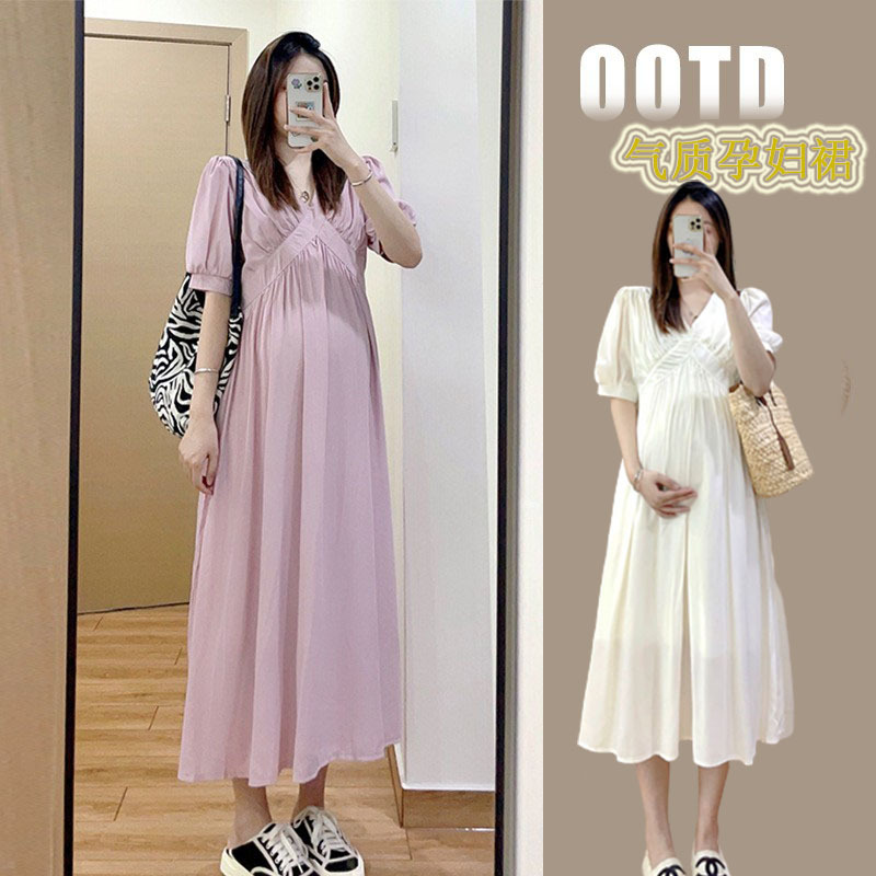 Xue Meifu Maternity Dress Summer Korean Style Gentle Temperament V-neck Waist Slim Dress