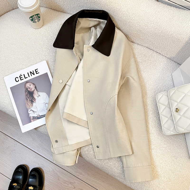 Beige Color Contrast Lapel Crock Jacket Short Coat Women's 2025 Spring New Elegant Casual Style All-match Top Trendy