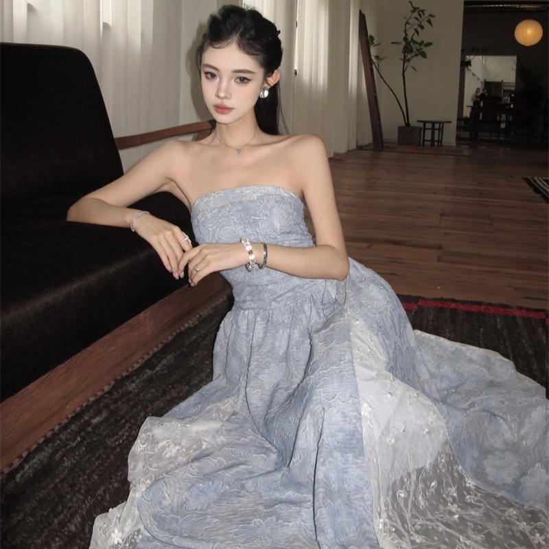 Retro Jacquard Splicing Tube Top Dress, Waist Slimming Look Party Birthday Dress, Holiday Dance Dress, Vacation Dress