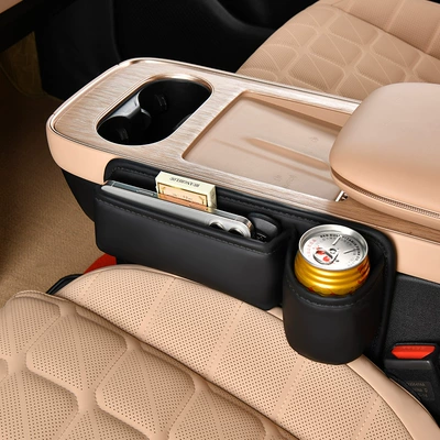 Car Seat Gap Storage Box, Car Gap Storage Box, Leather Storage Box, Multifunctional Storage Bag, Storage Box (Car storage bag/box) - slit-box-tea-cup-style-black