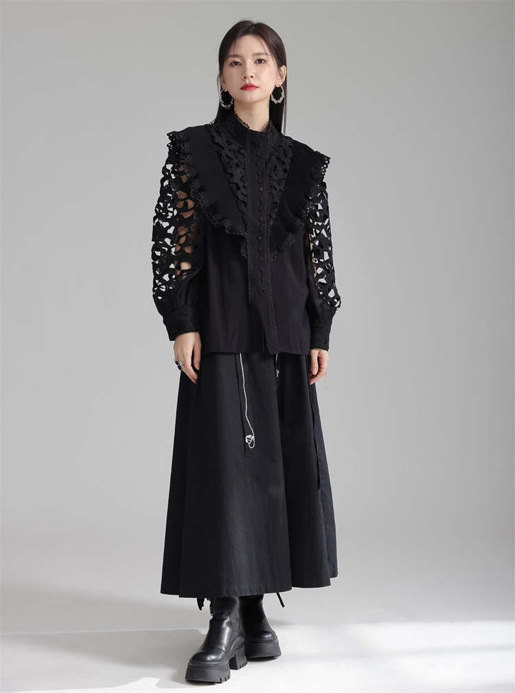 法米姿 早春新款宫廷风法式刺绣镂空衬衫显瘦别致立领上衣