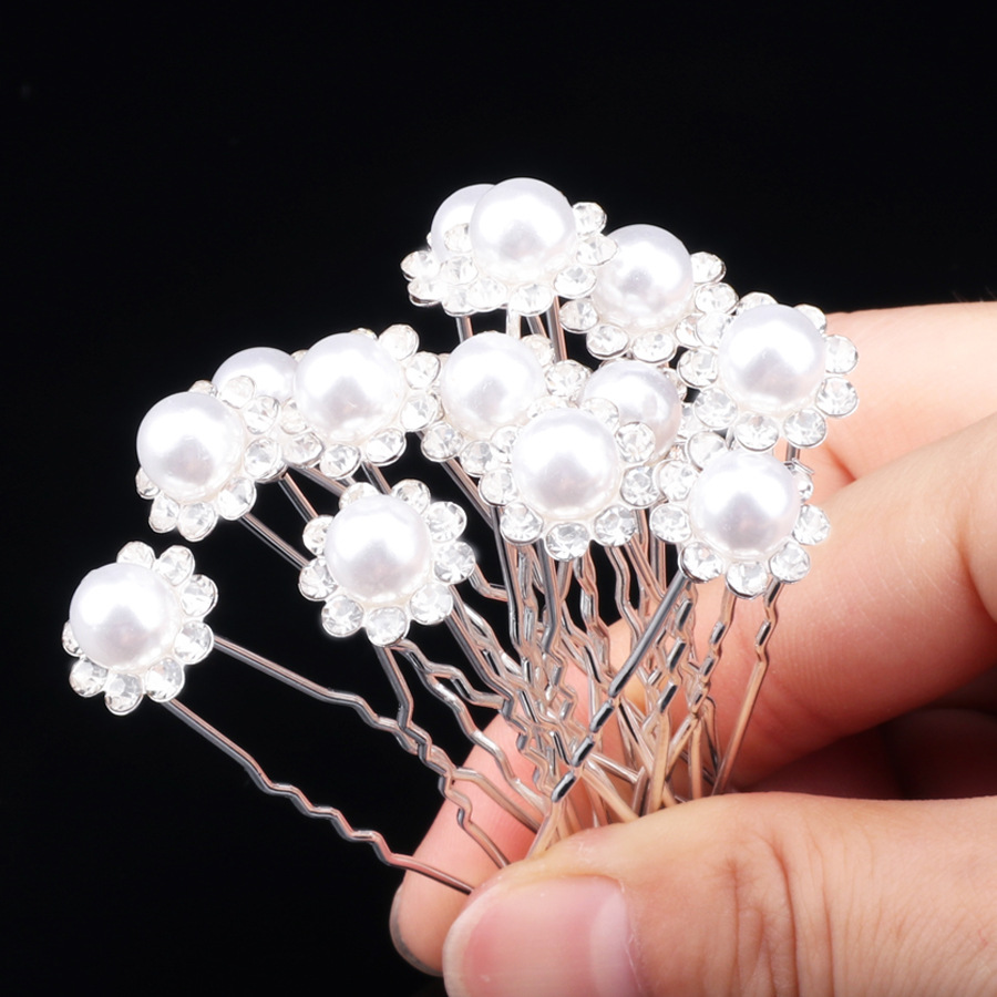 Épingle à cheveux de mariage en u avec strass perles et fleurs_voghion.com