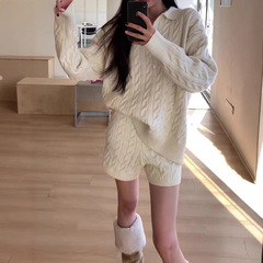 韩版翻领显瘦polo麻花针织毛衣女春秋2025新款女装高腰短裤两件套