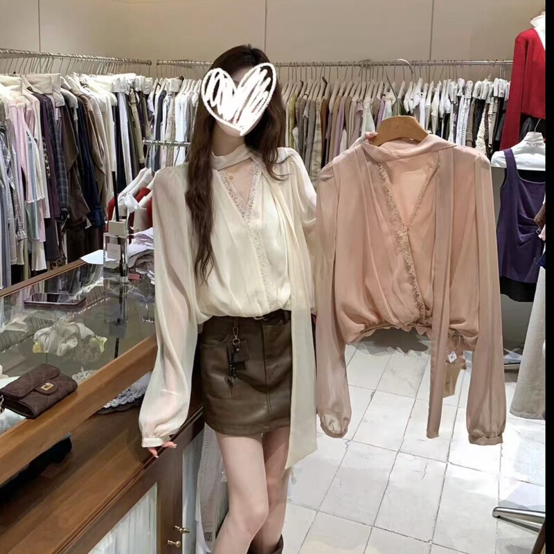 蕾丝拼接设计飘带领上衣女秋贵气感轻奢名媛宽松长袖衬衫杏色|undefined