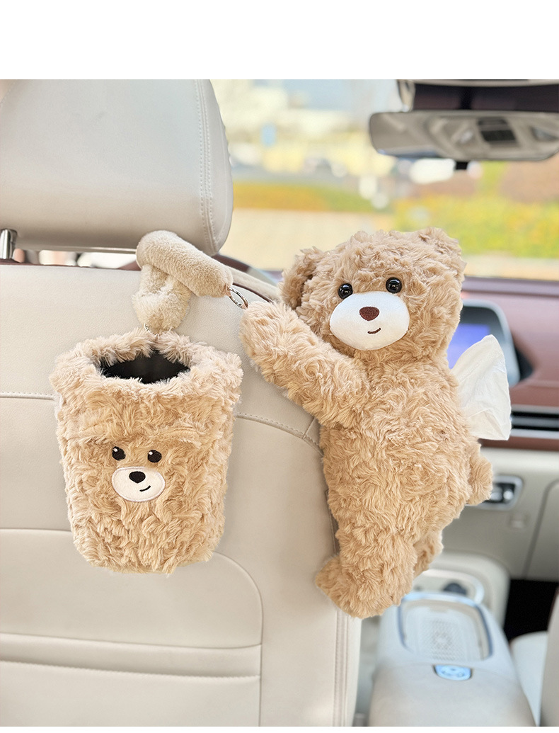 Car-Mounted Tissue Box, Bear-Shaped Hanging Tissue Holder, Creative Rear Seat Tissue Storage, Trash Bin and Tissue Box Two-In-One for Women