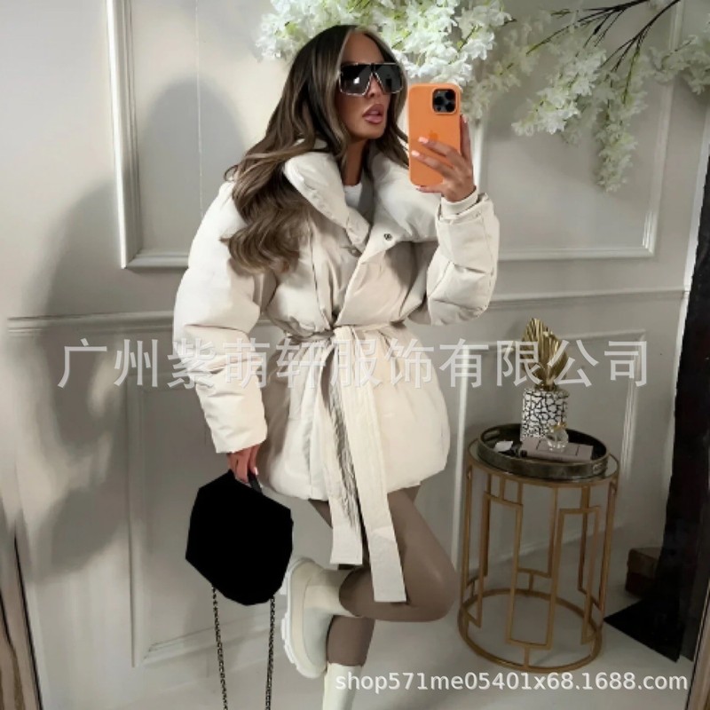 2025 3 色スタンドカラー暖かいウエスト女性の綿のジャケット秋と冬のヨーロッパとアメリカのルーズレースアップ新しいファッション綿|undefined
