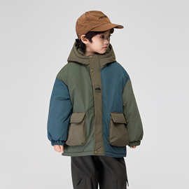 2025冬季新款儿童山系撞色加厚冲锋衣男中大童连帽外套保暖棉衣潮