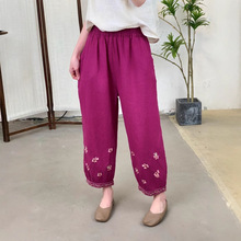 2025夏季新款亚麻刺绣休闲裤文艺复古宽松版田园风文艺九分灯笼裤