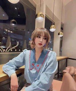 法式长袖2024秋季新款樱桃刺绣花边领长袖牛仔衬衣女休闲牛仔衬衫