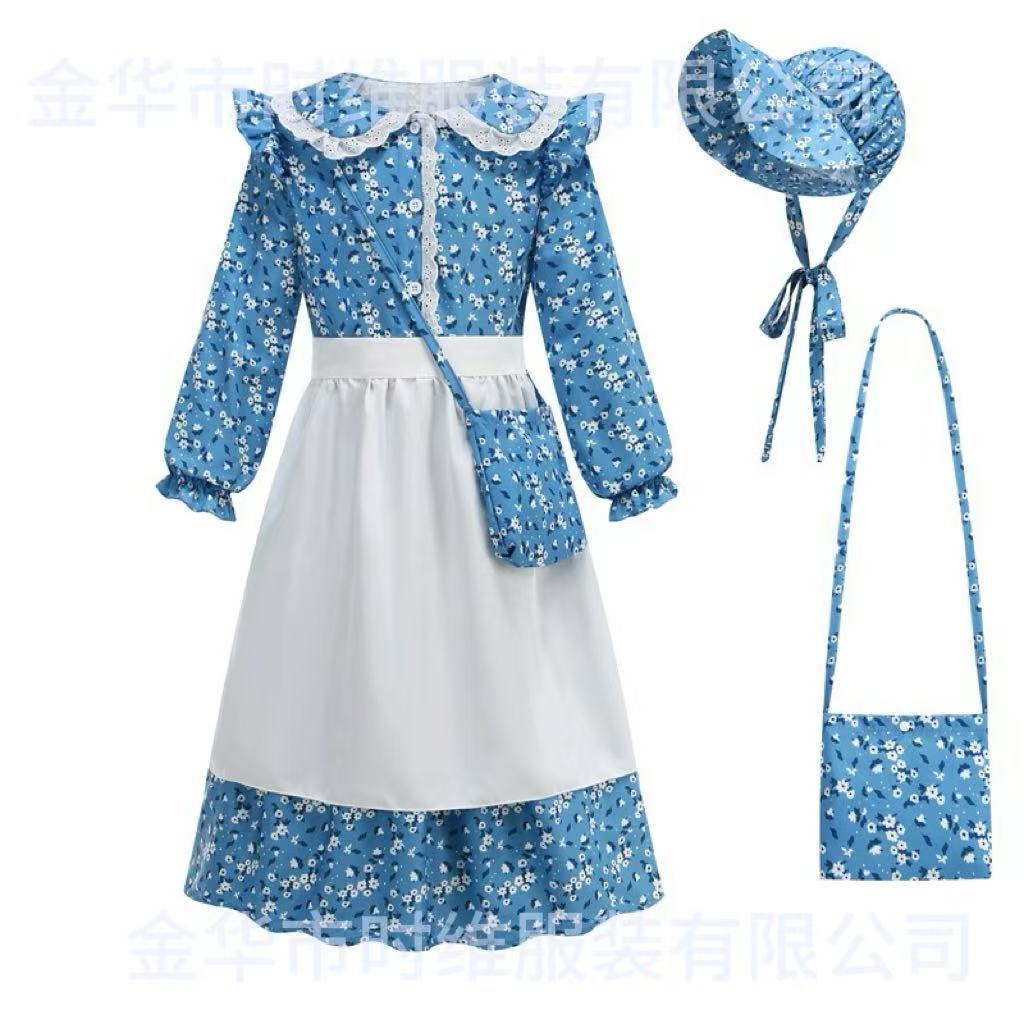 2025跨境殖民地花童cos服装碎花女仆装连衣裙派对话剧舞台表演服