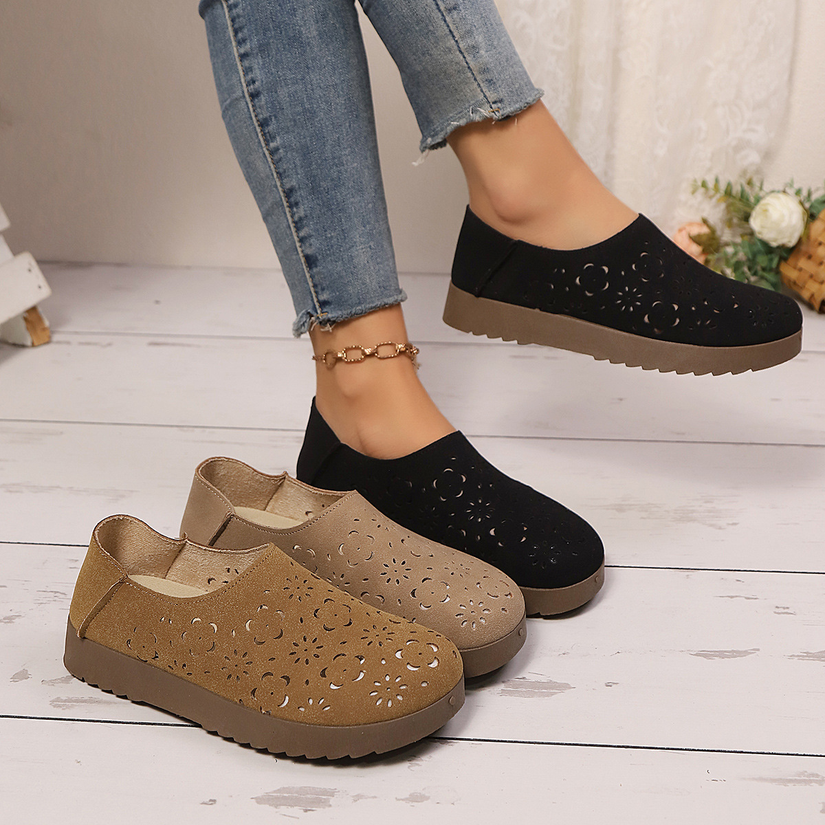 봄 여성화, 부드러운 밑창의 플랫 슈즈, 통기성이 좋은 캐주얼 슈즈, 다재다능한 미끄럼 방지 슬립온 슈즈, 인터넷 연예인과 같은 스타일