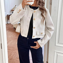 欧美亚马逊跨境女装 2025休闲毛呢夹克 长袖纽扣裁剪夹克短款外套