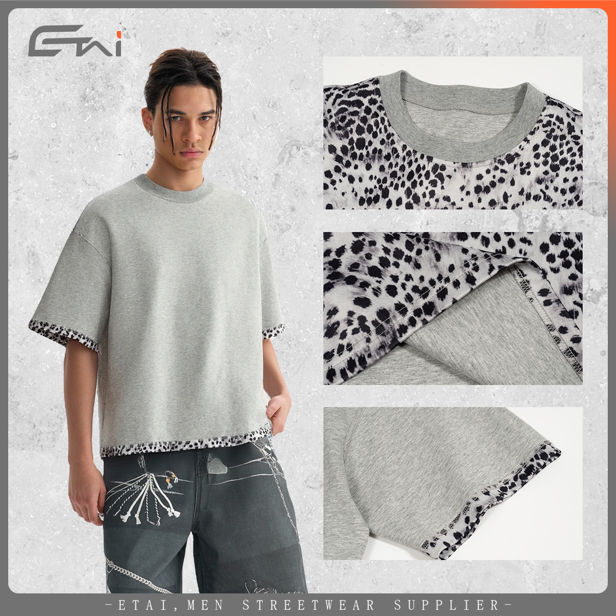 Calle de moda personalidad doble cara vestido leopardo camiseta de manga corta verano nuevo corto ancho cuello redondo chaqueta casual hombre